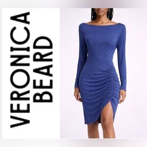 Veronica Beard Slate Blue Long-Sleeve Ruched Side Dress- NWOT size S